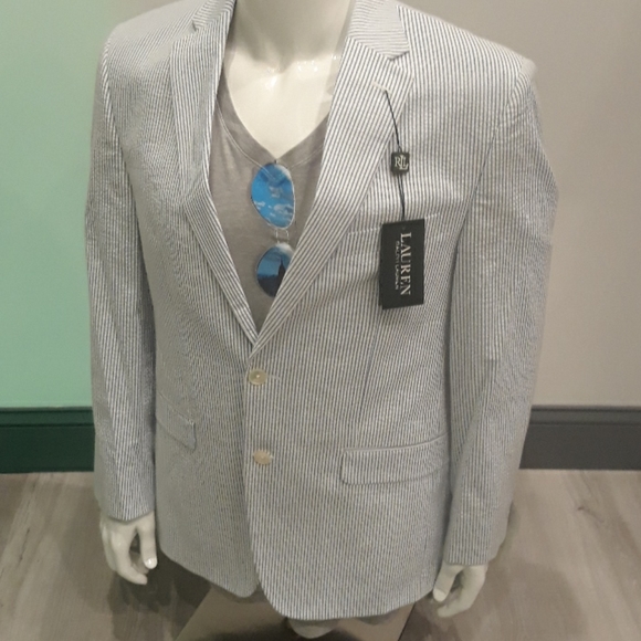 Ralph Lauren Seersucker Stretch Spandex Blue White Check Plaid jacket Blazer 40R